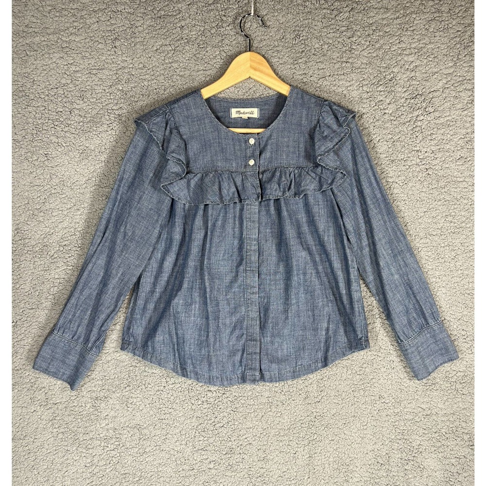 Madewell Chambray Ruffle Yoke Top Small Blue Long Sleeve Button Down Shirt XS